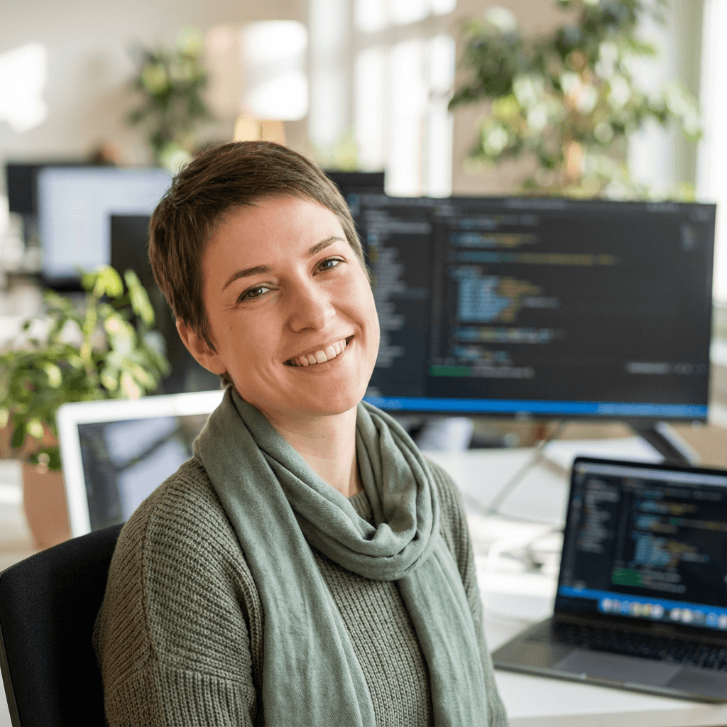 Taylor Morgan smiling in a bright modern office