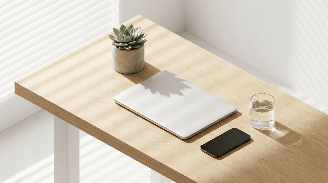 Modern workspace with a laptop displaying abstract digital product interfaces