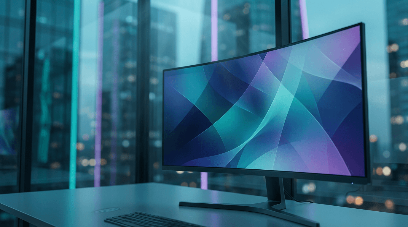 Modern workspace with an abstract digital interface glowing on a monitor