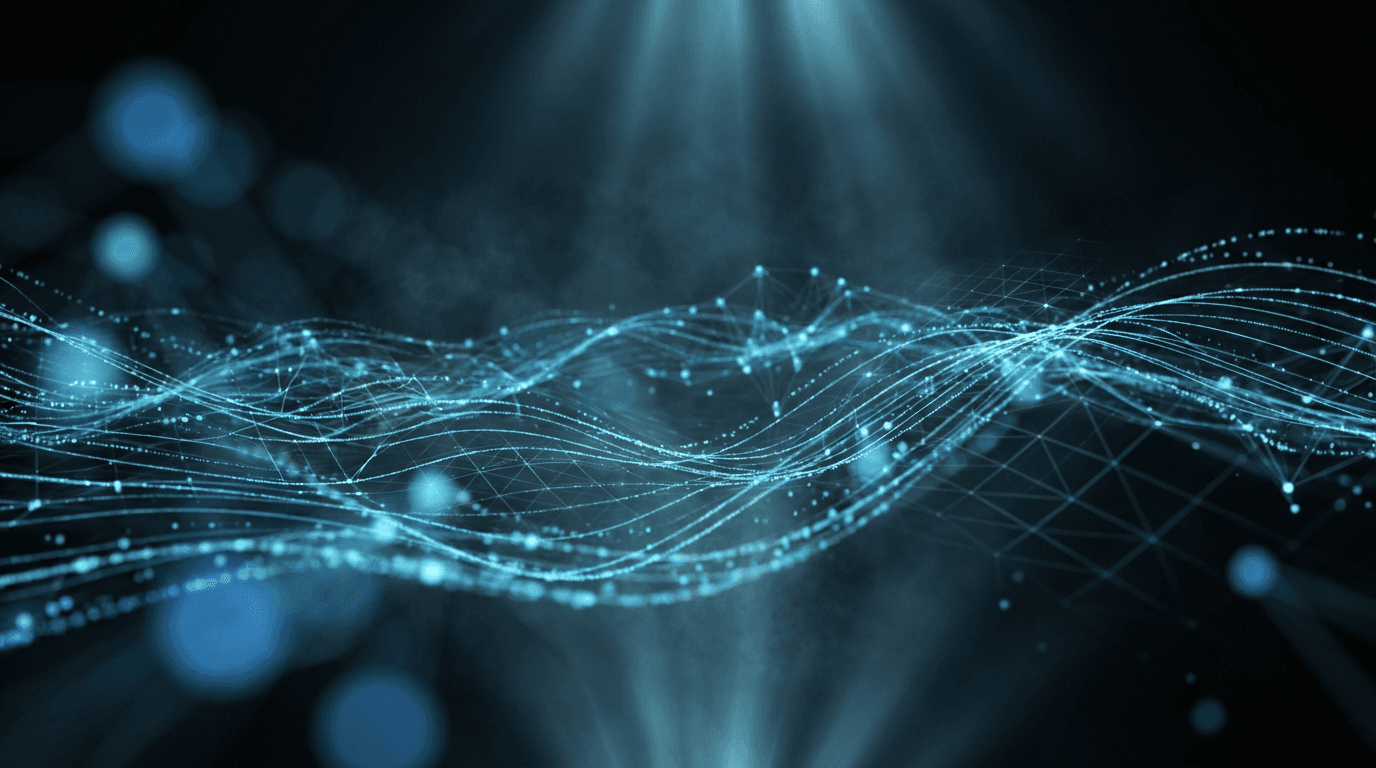 Dark blue abstract background with glowing digital data streams